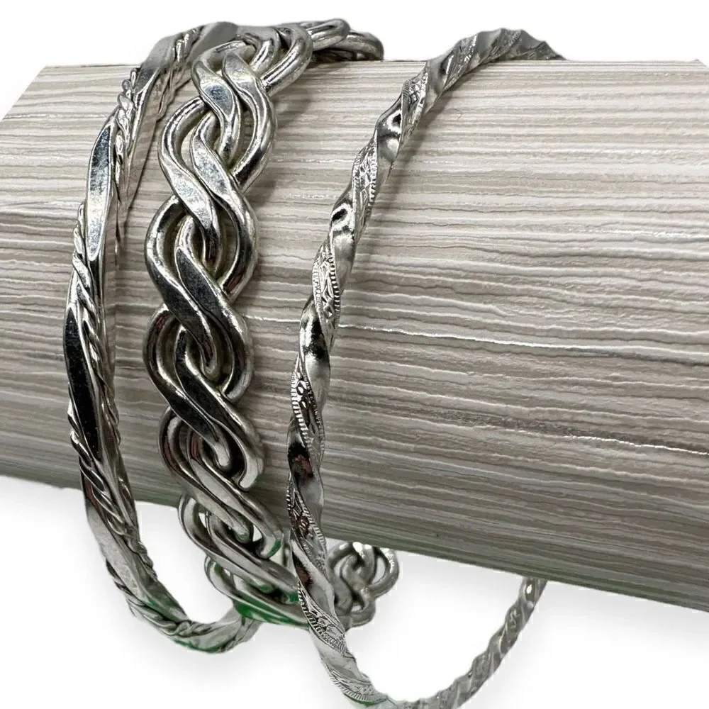 Set of 3 silver-colored bangle bracelets vintage costume jewelry